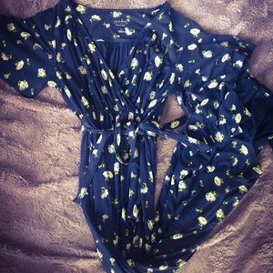 Navy Blue Floral Maxi Dress With Cute Ruffles